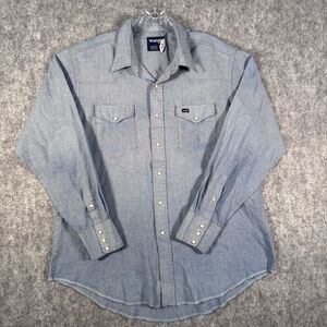 Wrangler Pearl Snap Shirt Mens XL Long Tails Blue Chambray Regular Fit Western
